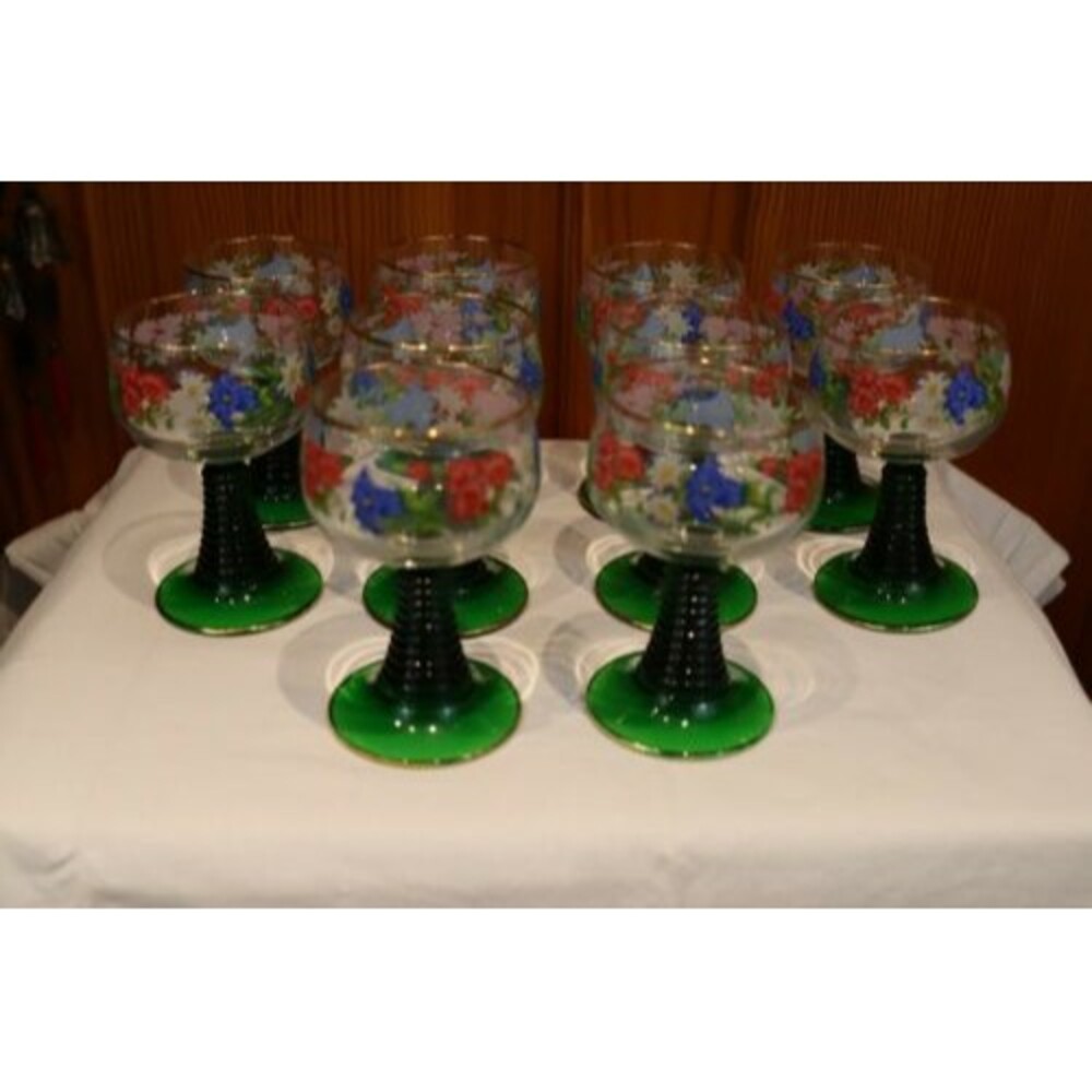 RARE Vintage Luminarc Green Ribbed Stem Wine Goblets Floral Gold Trim Set of 10